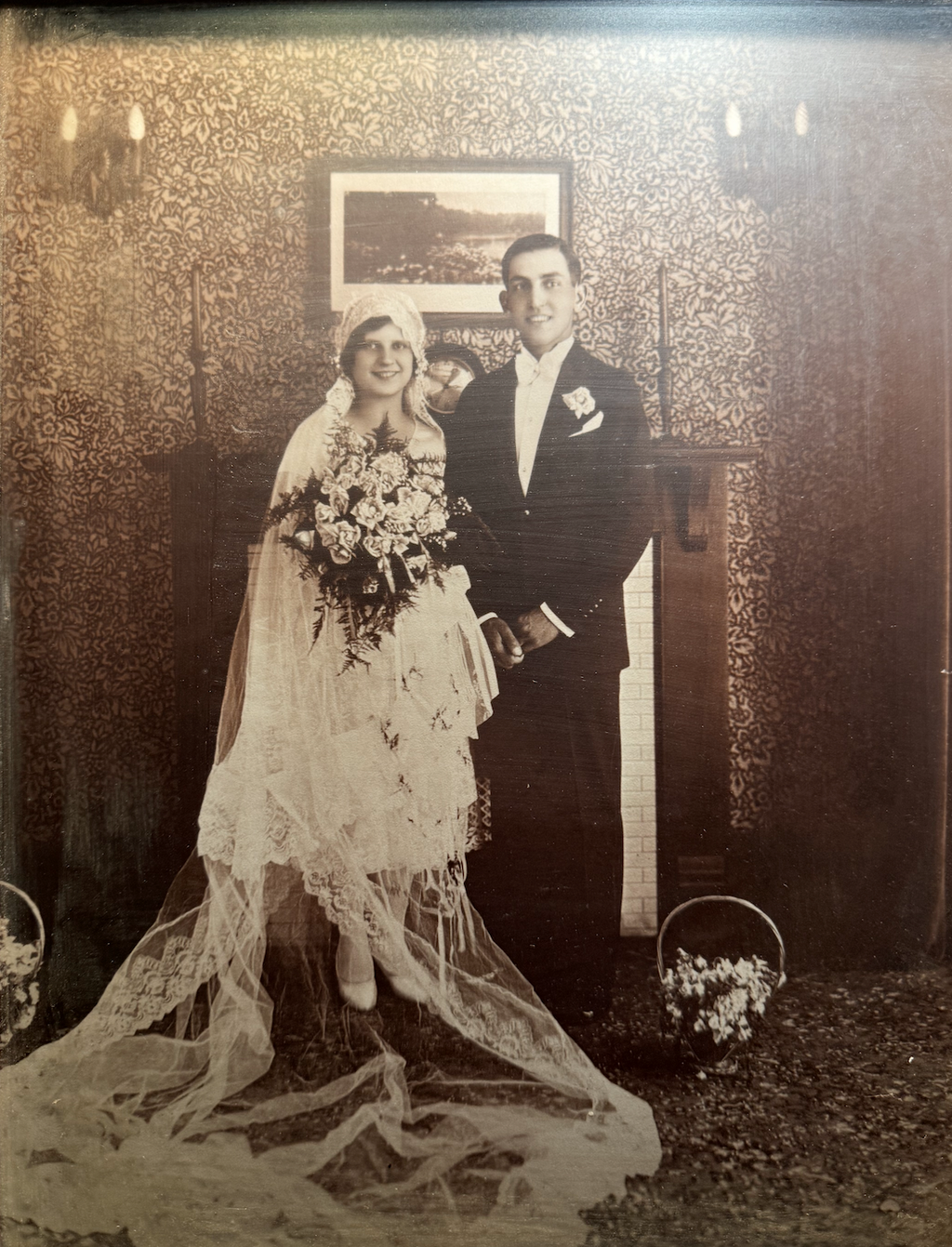 Antique Wedding Portrait in Carved Wood Frame, c. 1925–1935