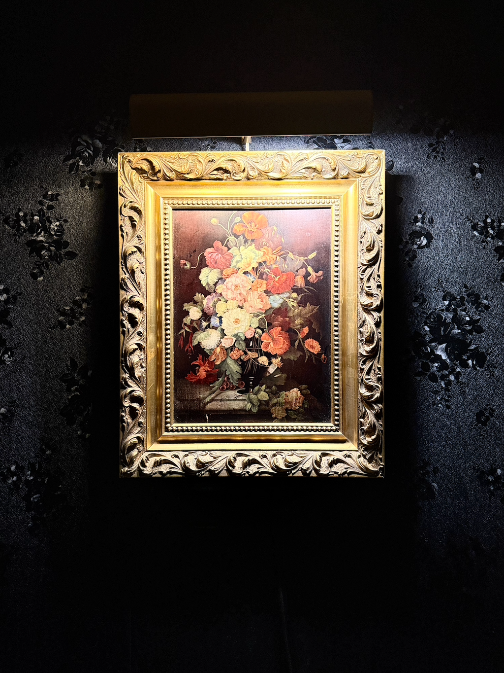 “Floral Arrangement in a Black Urn”(Varnished Print on Board), mid-20th century