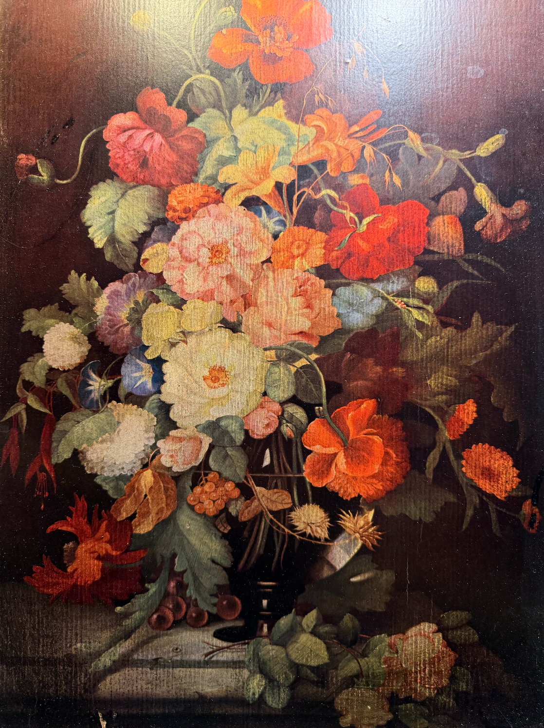 “Floral Arrangement in a Black Urn”(Varnished Print on Board), mid-20th century