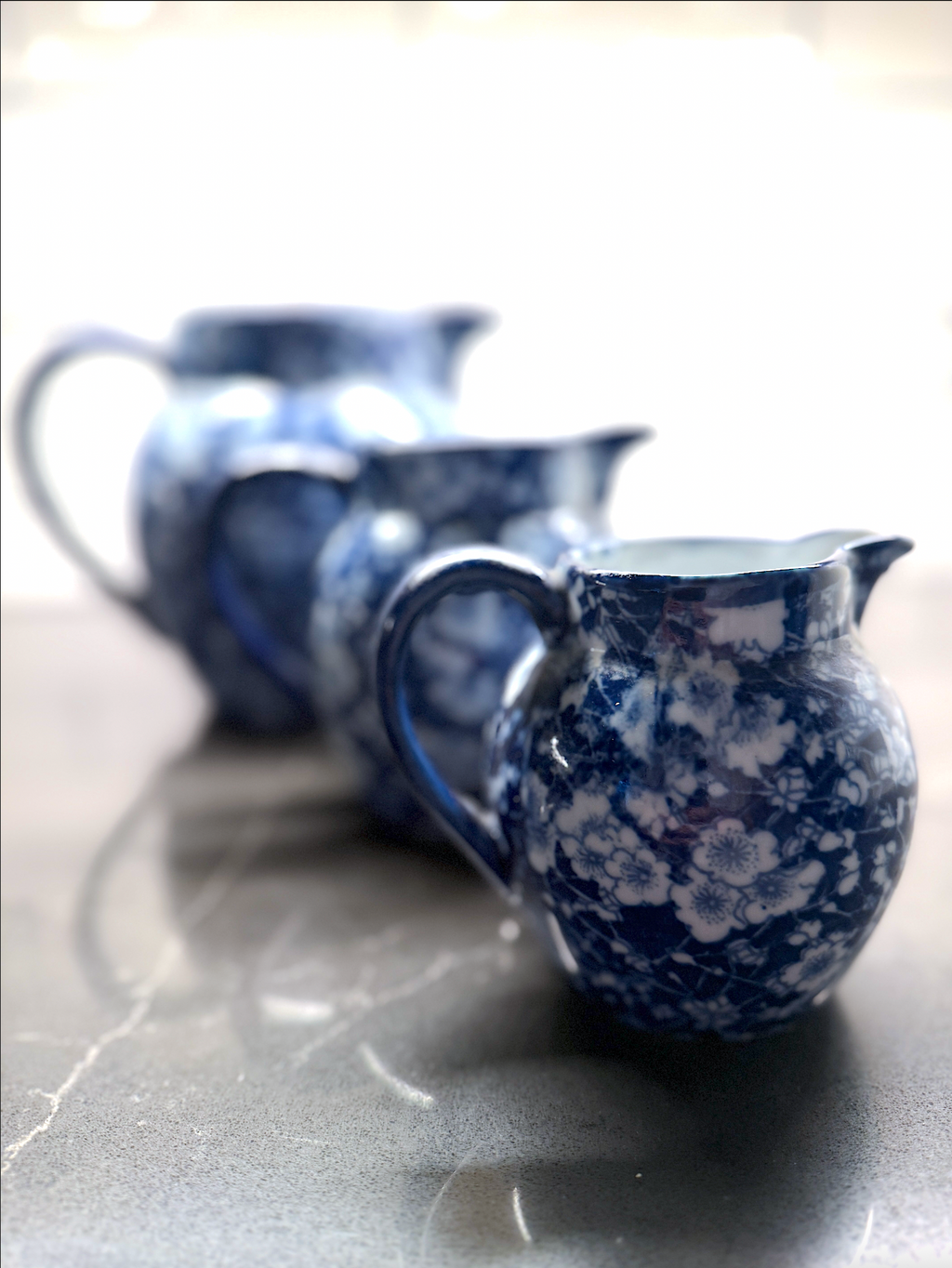 Prunus Blossom Flow Blue Ironstone Pitcher Set — Staffordshire, England, c. 1890–1910