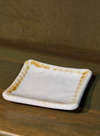 Crackle-Glaze Square Trinket Dish, Ivory with Sponged Amber Border, Decorative Ceramicware,