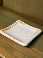Crackle-Glaze Square Trinket Dish, Ivory with Sponged Amber Border, Decorative Ceramicware,