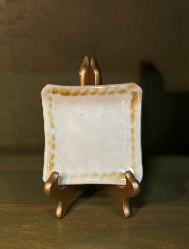 Crackle-Glaze Square Trinket Dish, Ivory with Sponged Amber Border, Decorative Ceramicware,