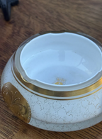 Imperlux Frosted White Glass Ashtray with Applied Gilt Cartouches and Gold Banding, Czechoslovakia, c. 1955–1965