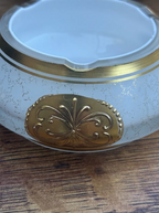 Imperlux Frosted White Glass Ashtray with Applied Gilt Cartouches and Gold Banding, Czechoslovakia, c. 1955–1965