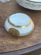 Imperlux Frosted White Glass Ashtray with Applied Gilt Cartouches and Gold Banding, Czechoslovakia, c. 1955–1965