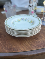 Johnson Brothers Set of Nine Rimmed Soup Bowls, Royal Staffordshire, Moulded Floral Relief with Green and Gilt Rococo Cartouche Border, England, c. 1920–1940