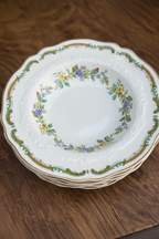 Johnson Brothers Set of Nine Rimmed Soup Bowls, Royal Staffordshire, Moulded Floral Relief with Green and Gilt Rococo Cartouche Border, England, c. 1920–1940