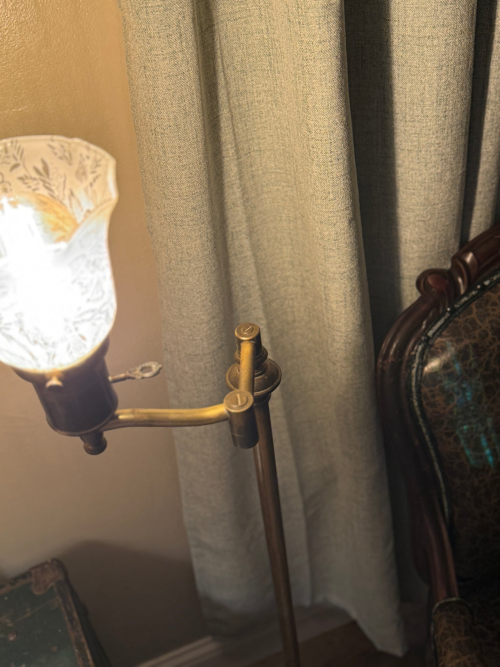 Vintage Adjustable Brass Swing-Arm Floor Lamp with Etched Glass Shade, c. 1910–1930