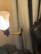 Vintage Adjustable Brass Swing-Arm Floor Lamp with Etched Glass Shade, c. 1910–1930