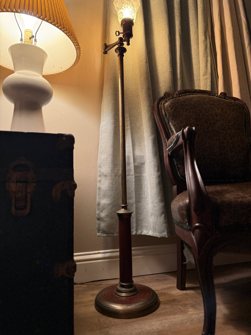 Vintage Adjustable Brass Swing-Arm Floor Lamp with Etched Glass Shade, c. 1910–1930