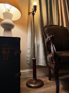 Vintage Adjustable Brass Swing-Arm Floor Lamp with Etched Glass Shade, c. 1910–1930