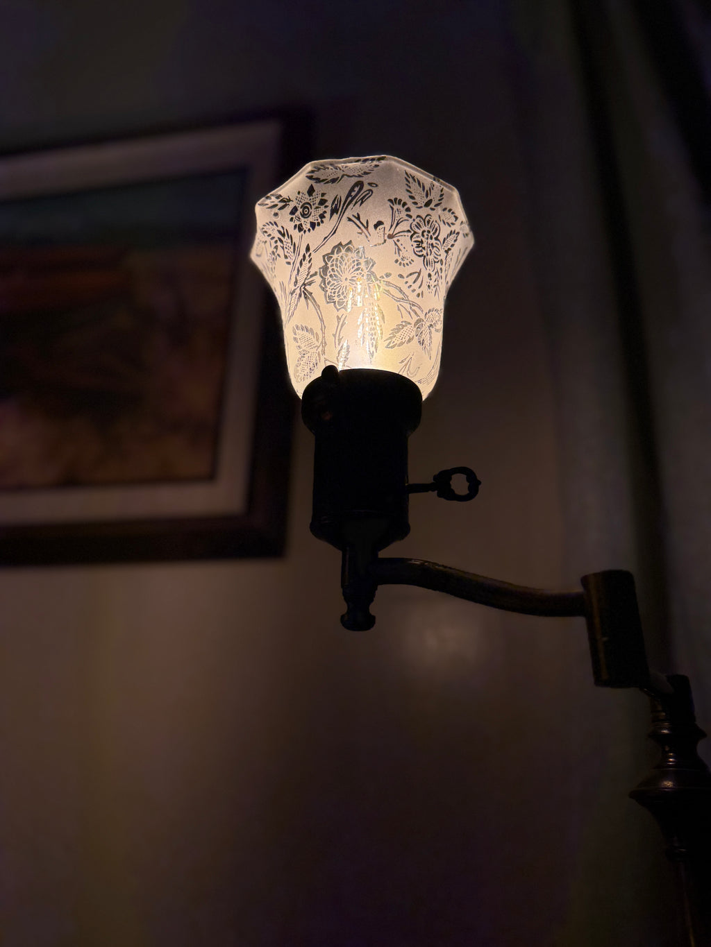 Vintage Adjustable Brass Swing-Arm Floor Lamp with Etched Glass Shade, c. 1910–1930