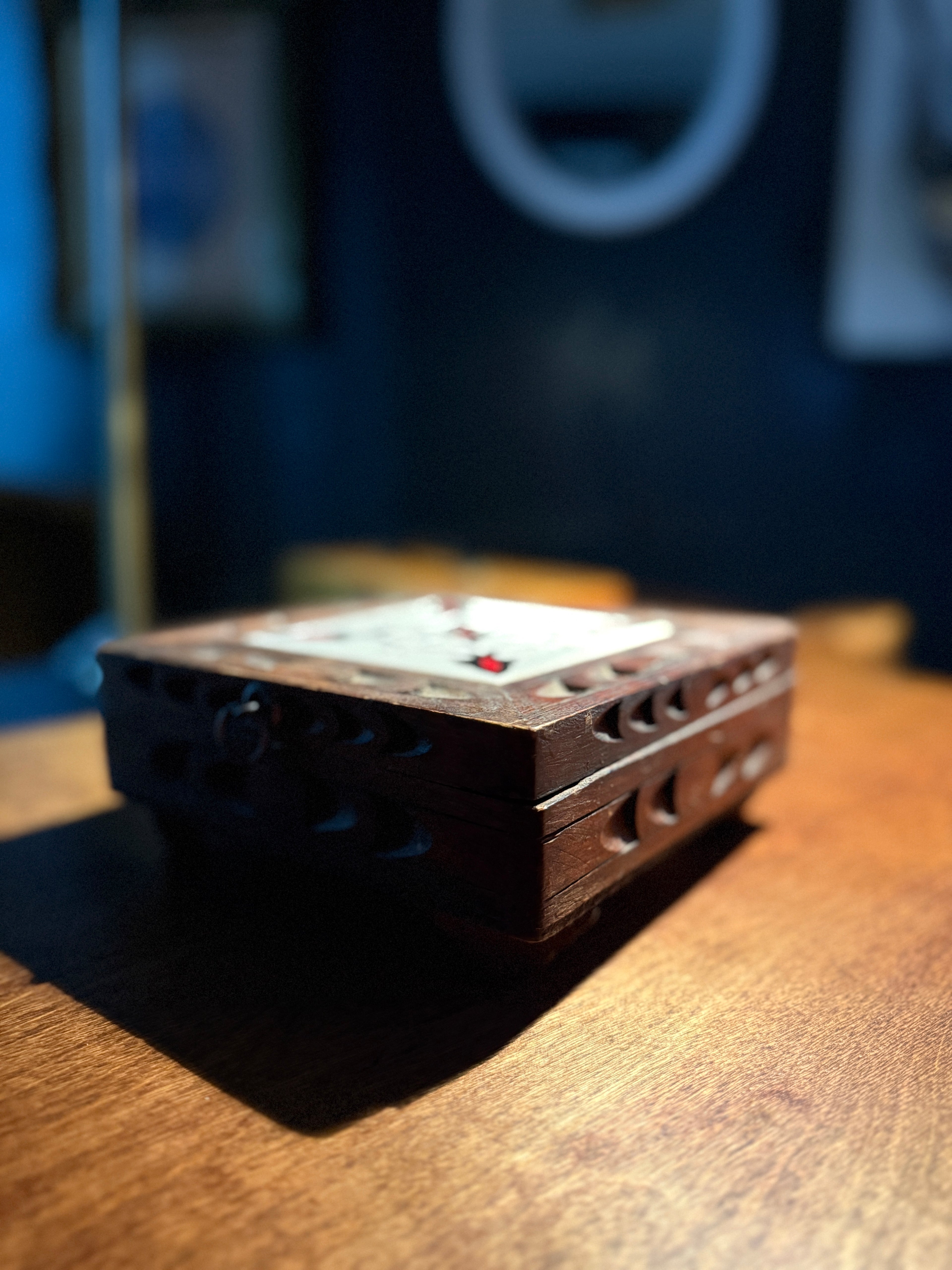Vintage Wooden Jewelry Box with Ceramic Tile Lid and Velvet Interior, c. 1920–1940