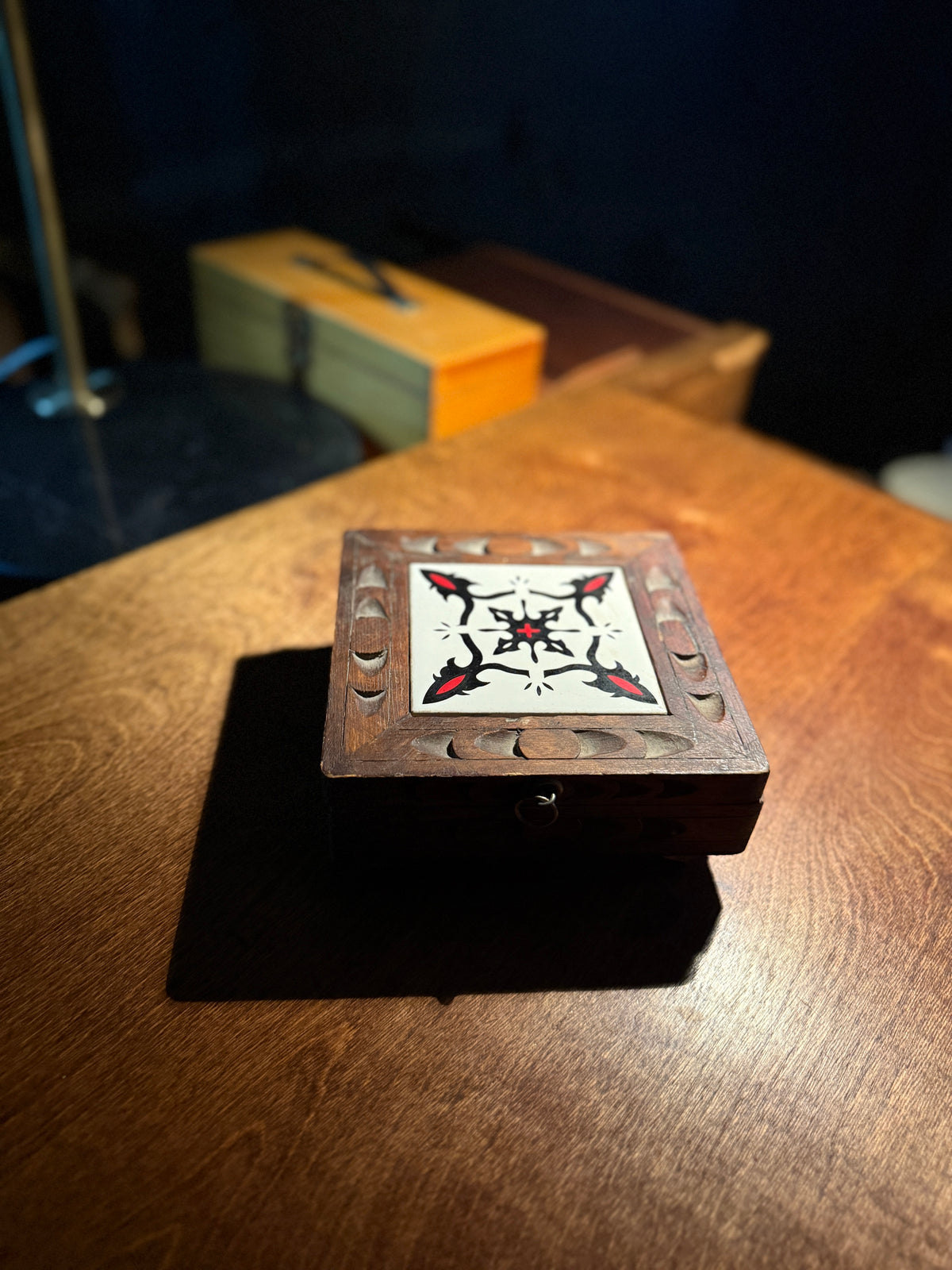 Vintage Wooden Jewelry Box with Ceramic Tile Lid and Velvet Interior, c. 1920–1940