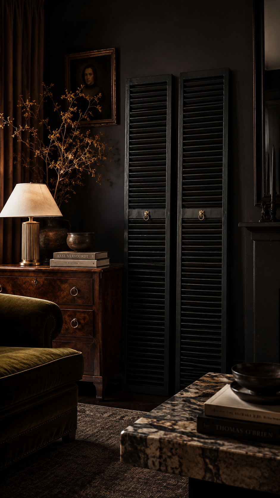 Pair of Vintage Black Louvered Shutters with Aged Brass Lion-Head Pulls, c. 1940s–1950s