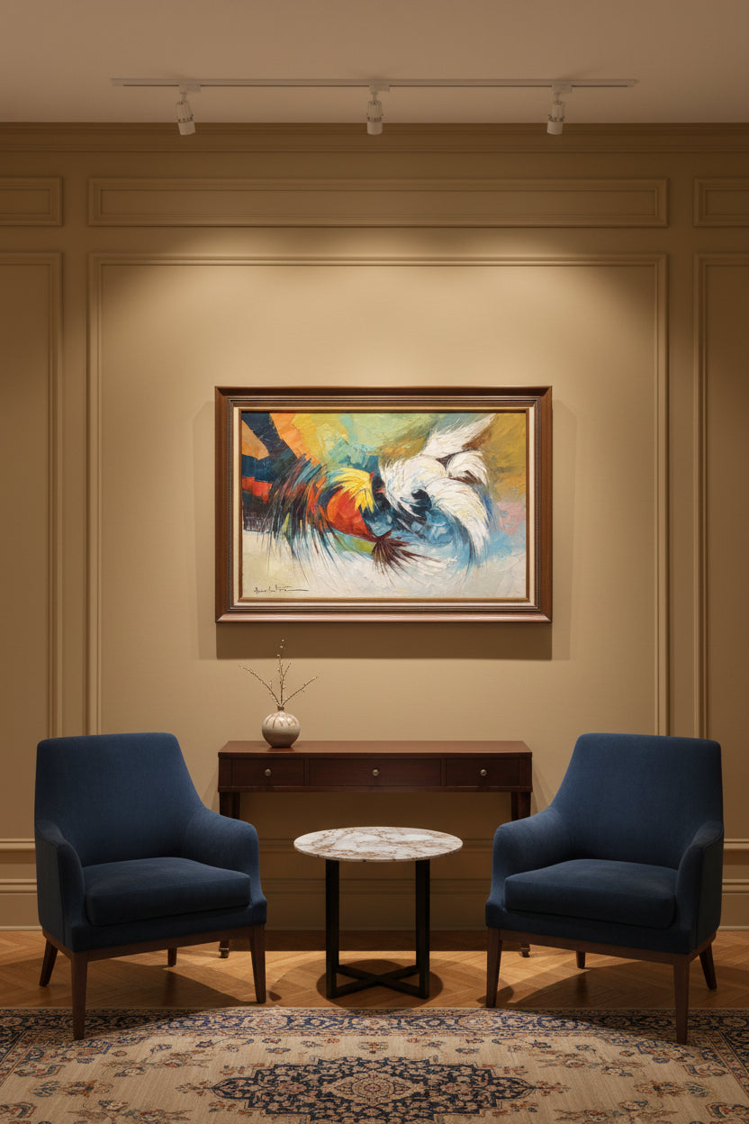 Alfredo Buenaventura Sabong / Roosters Oil Painting, Philippines, c. 1960s–1970s