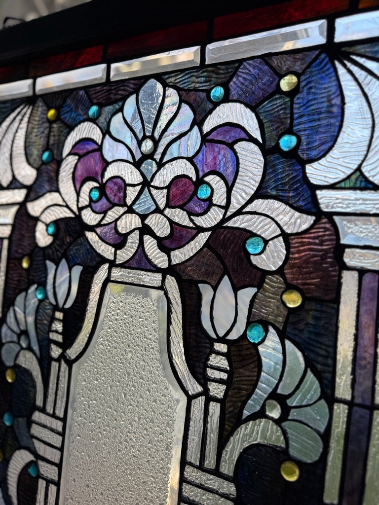 Antique Art Nouveau Stained Glass Window Panel c.1900–1915 – Floral Leaded Glass with Jewels