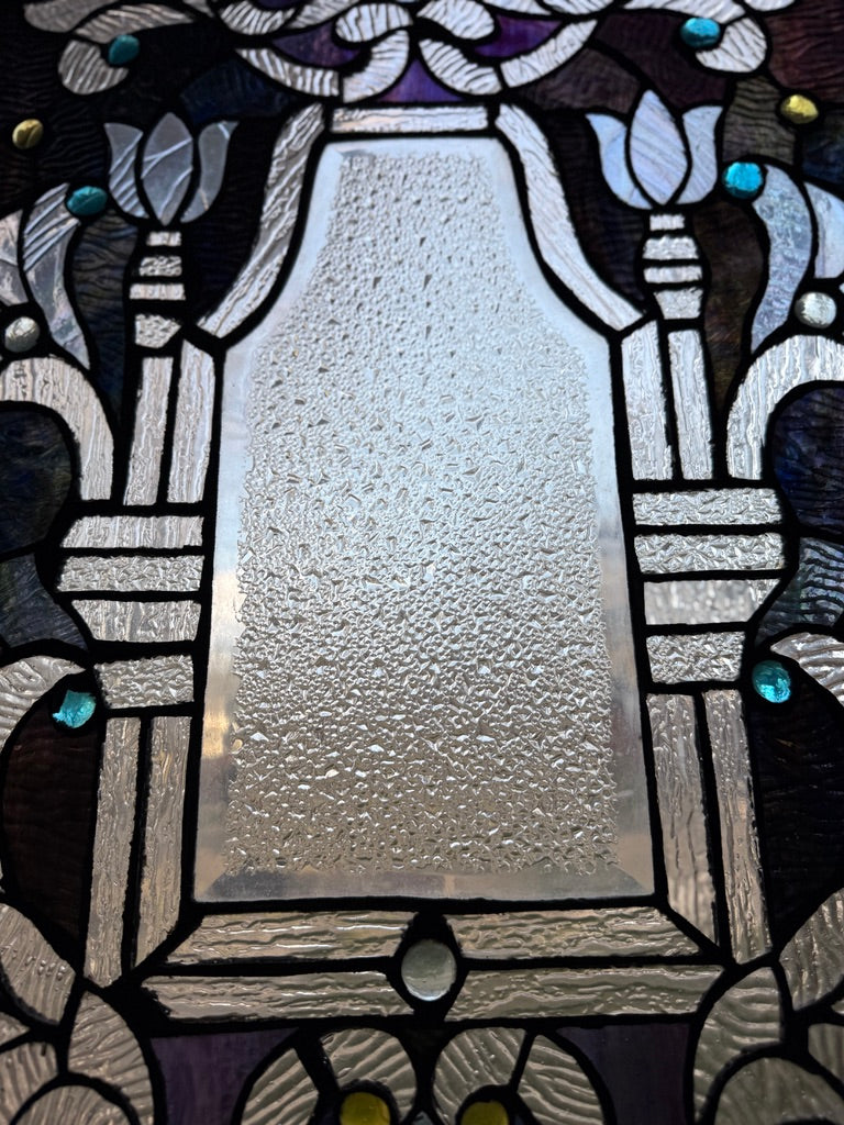 Antique Art Nouveau Stained Glass Window Panel c.1900–1915 – Floral Leaded Glass with Jewels