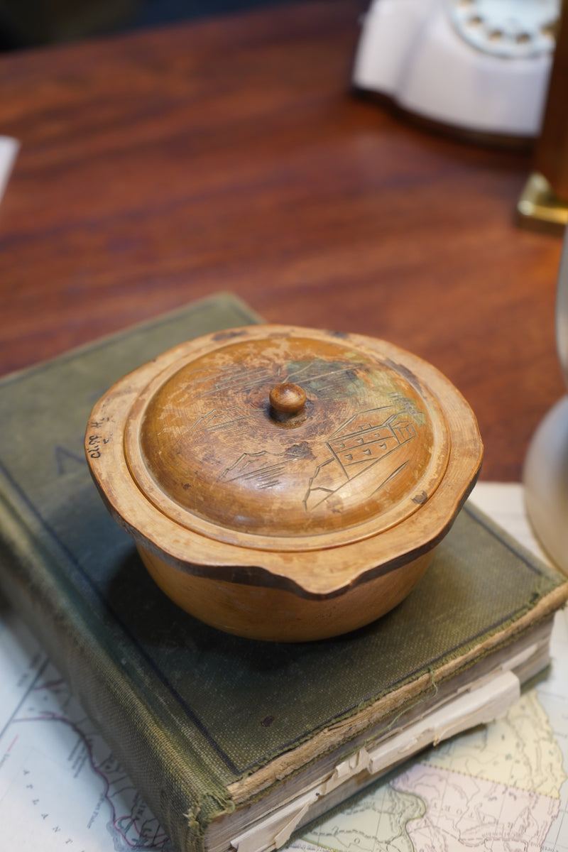 Antique Carved Treen Souvenir Box — "Cliff House, S.F.," Incised Asian Landscape, c. 1900–1920