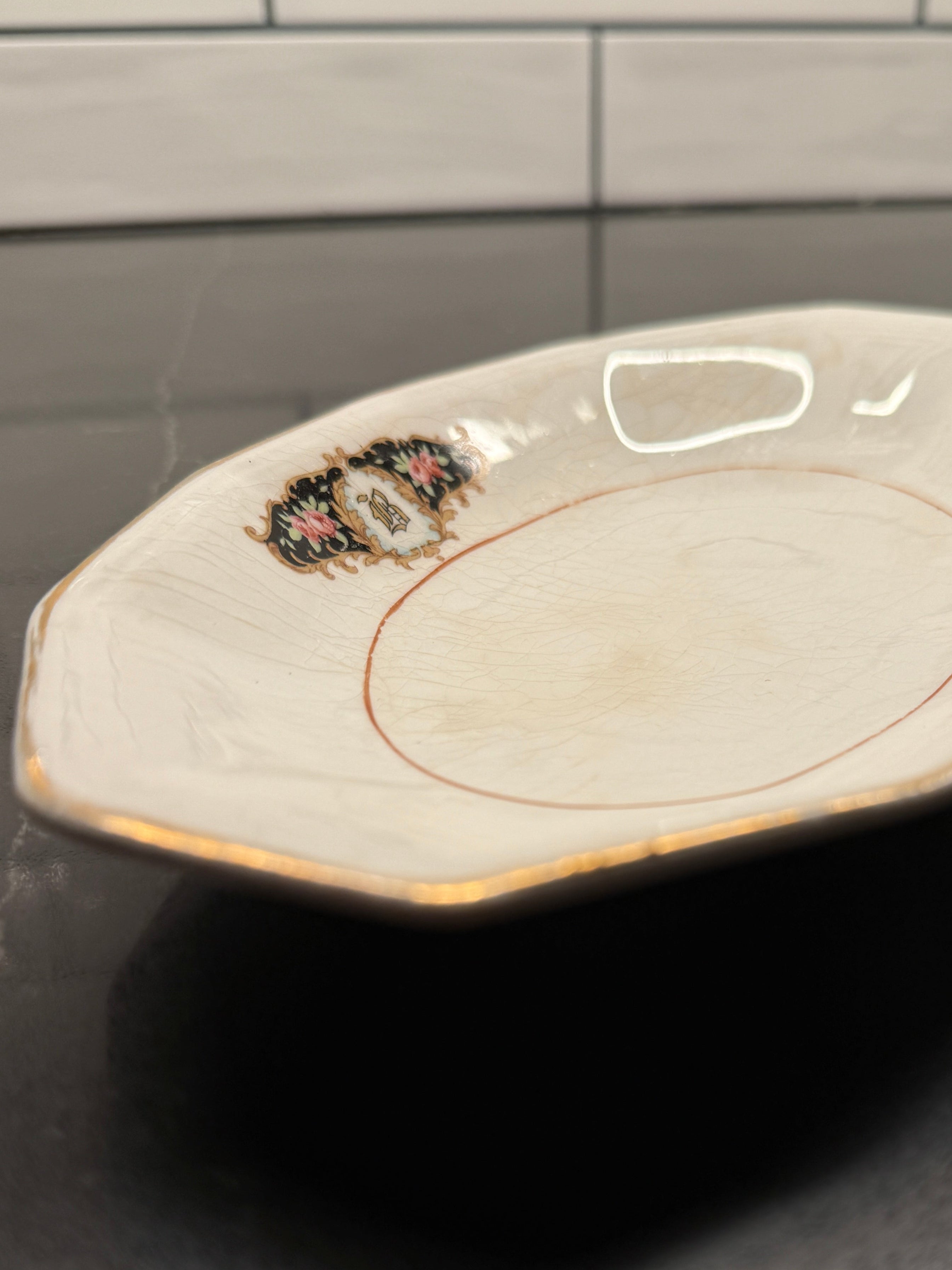Antique E.P. Co. Sebring Dish (1915–1925) – Octagonal Ironstone with Floral Cartouches