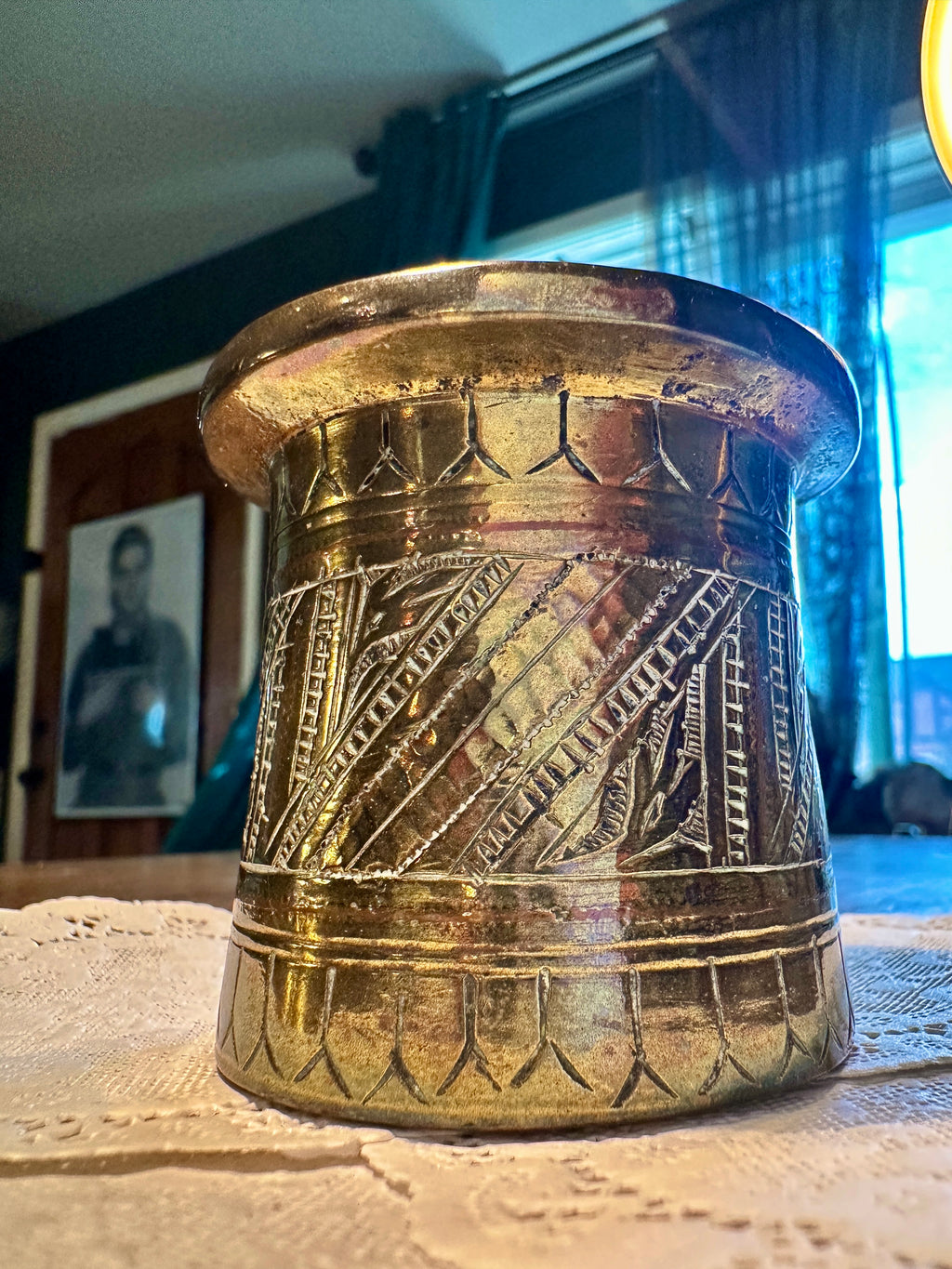 Antique Engraved Brass Ink Pot or Incense Holder c.1880–1910
