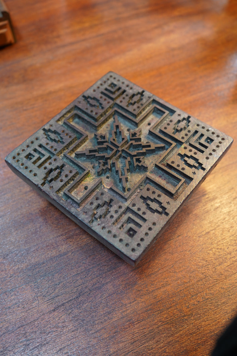 Antique Indian Dabu Mud-Resist Printing Block — Bold Geometric Star &amp; Fret, Bagru, Rajasthan, c. Early 20th Century (or Earlier)