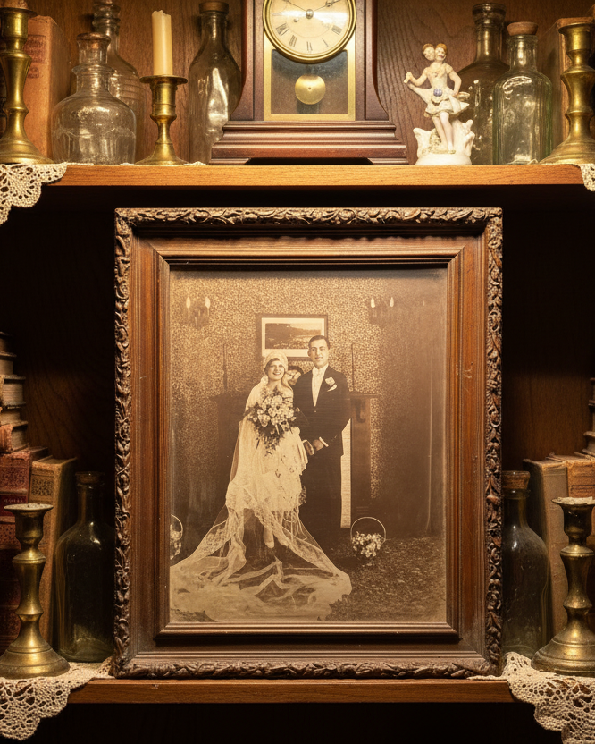 Antique Wedding Portrait in Carved Wood Frame, c. 1925–1935