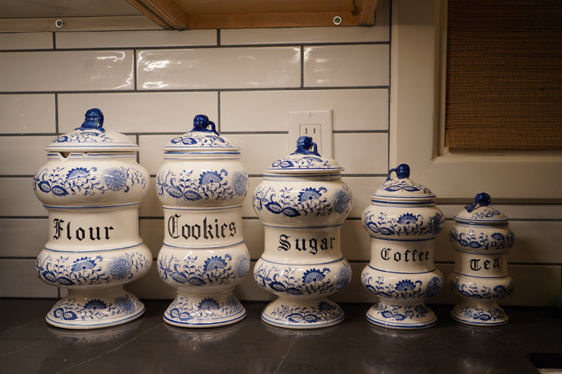 Arnart "Blue Onion" Five-Piece Kitchen Canister Set, Cobalt Zwiebelmuster, c. 1960s–70s