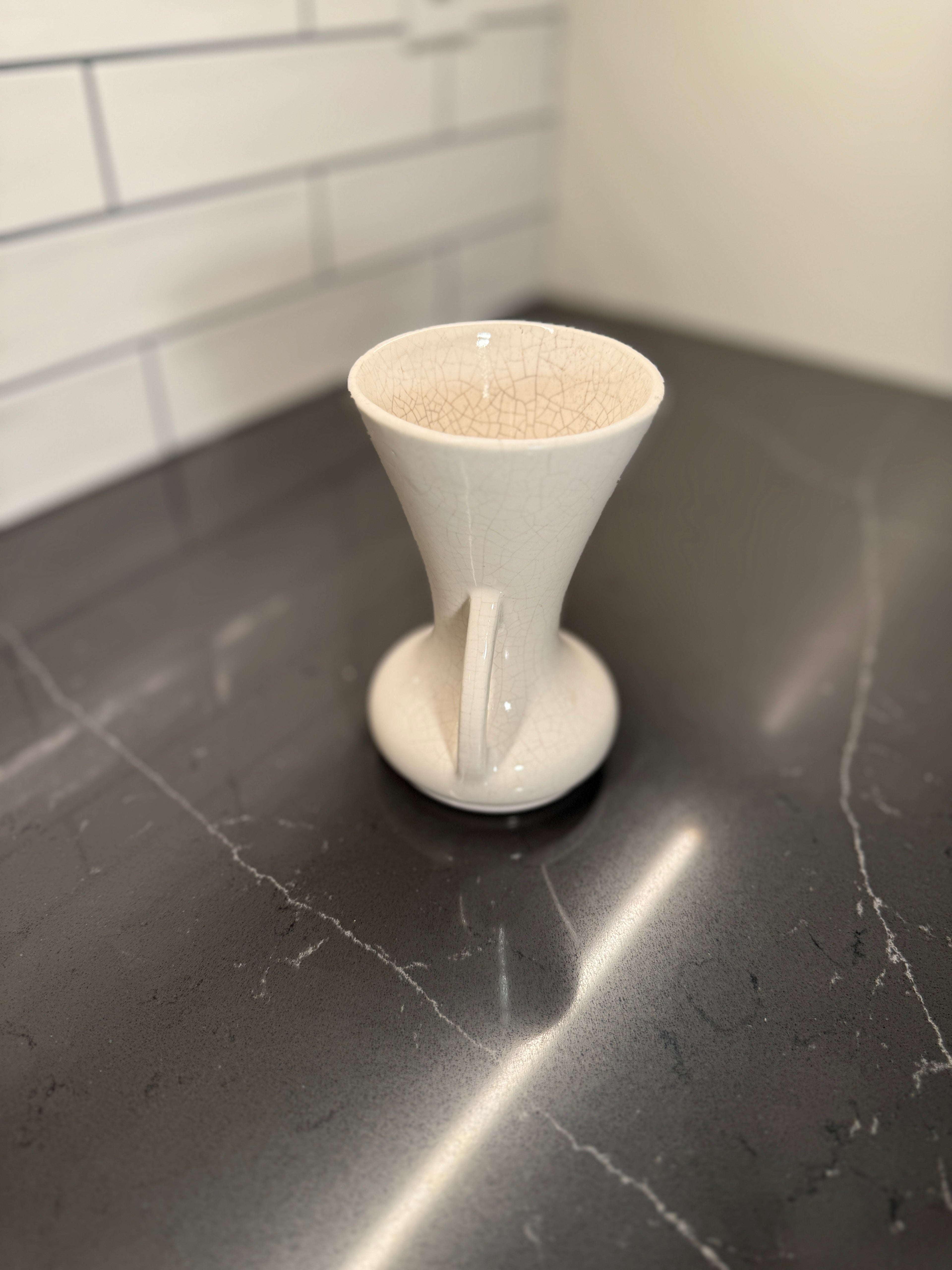 Art Nouveau Ivory Crackle Vase with Dual Handles — American or English Studio Pottery (c.1890–1915)