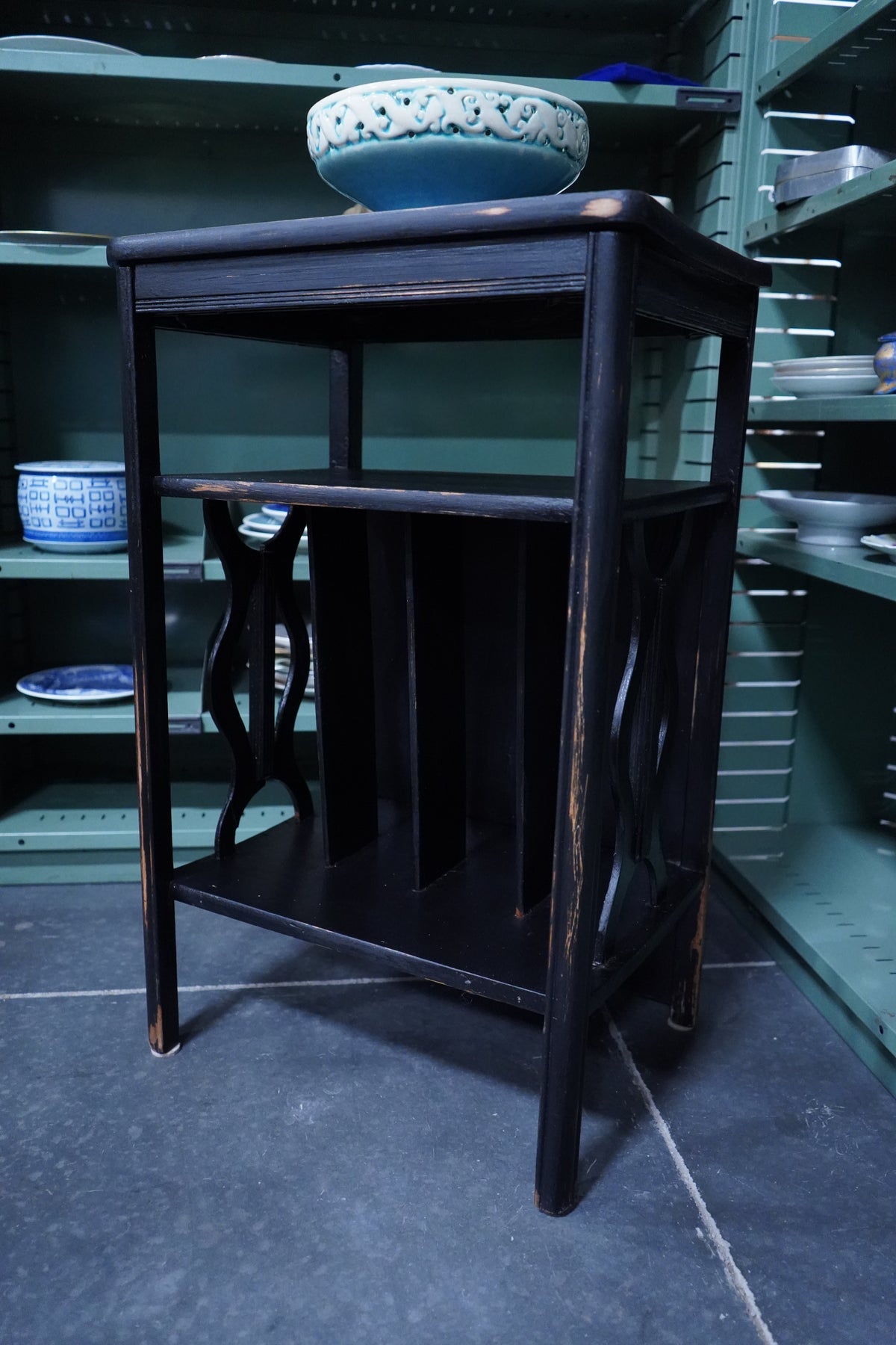 Black Painted Canterbury-Style Magazine / Record Rack Side Table, c. 1920s–1940s