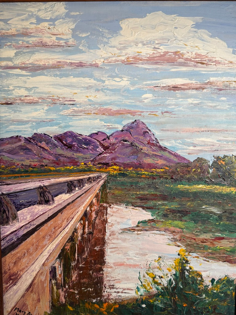 Bridge to Sutter Buttes — Original California Landscape Painting by Mary A. Nation (2003) | 12×16 Acrylic