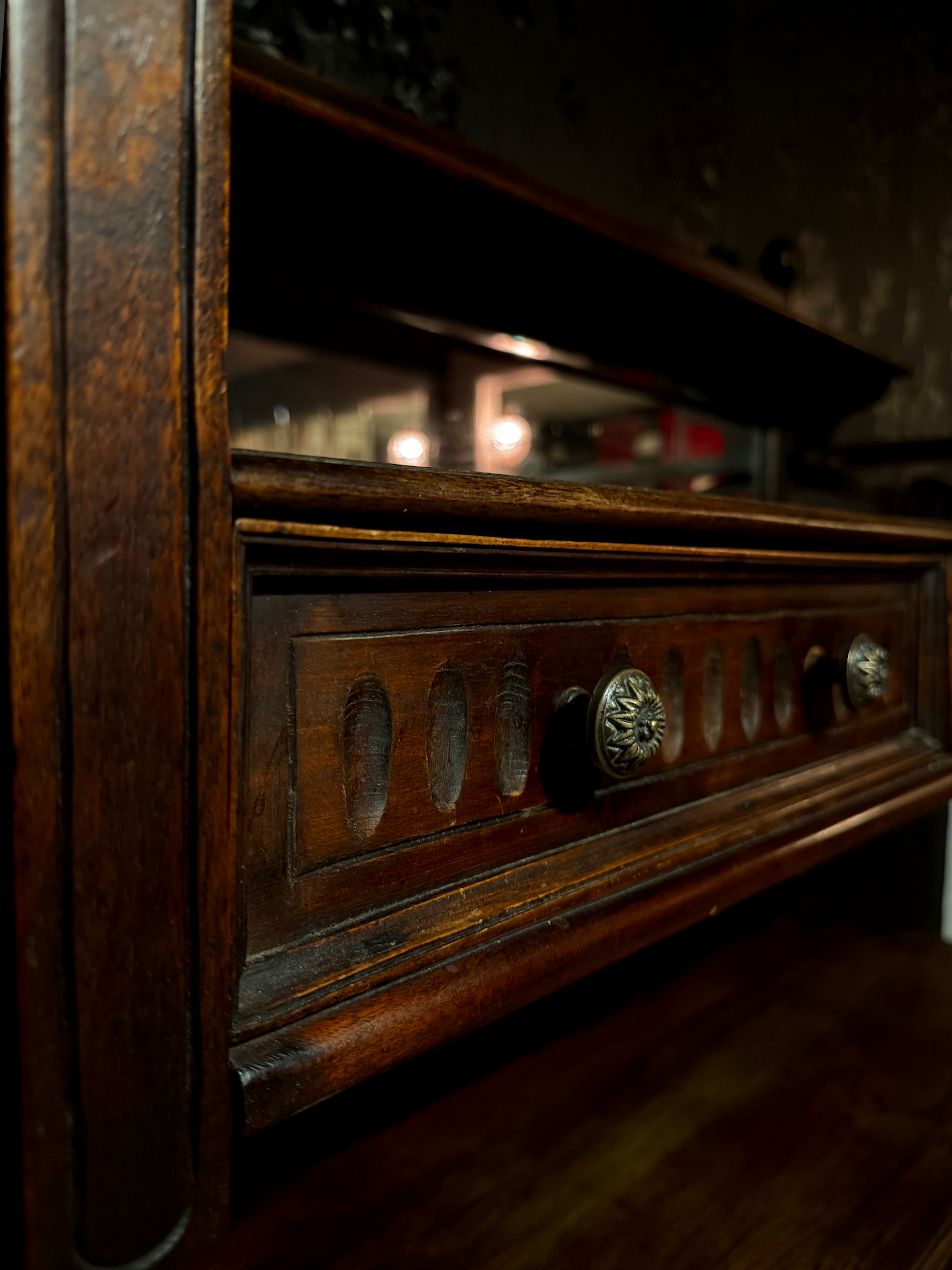 Oak Mirrored Sideboard / Server with Two Drawers and Open Shelves, c. 1890–1915