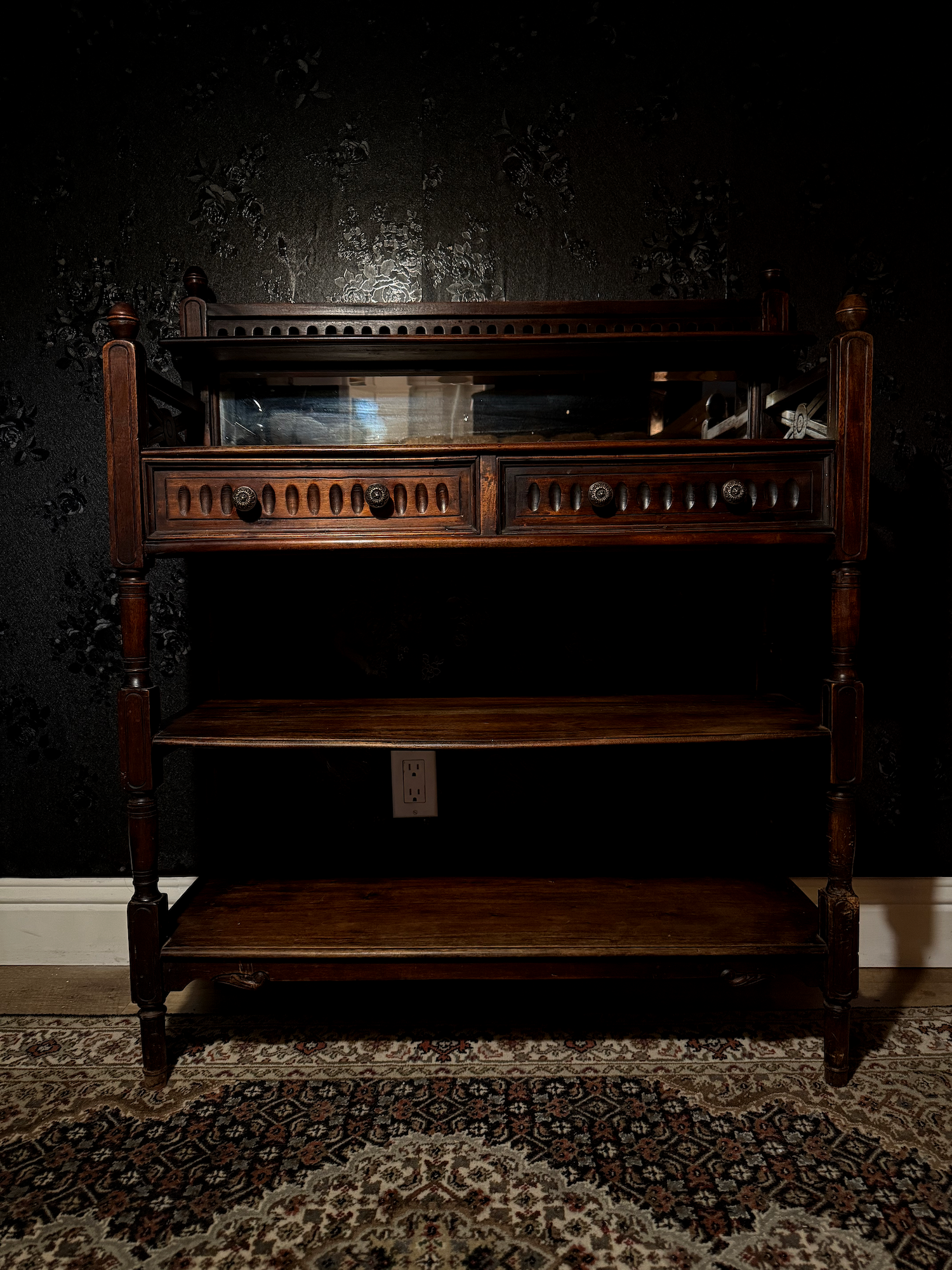 Oak Mirrored Sideboard / Server with Two Drawers and Open Shelves, c. 1890–1915