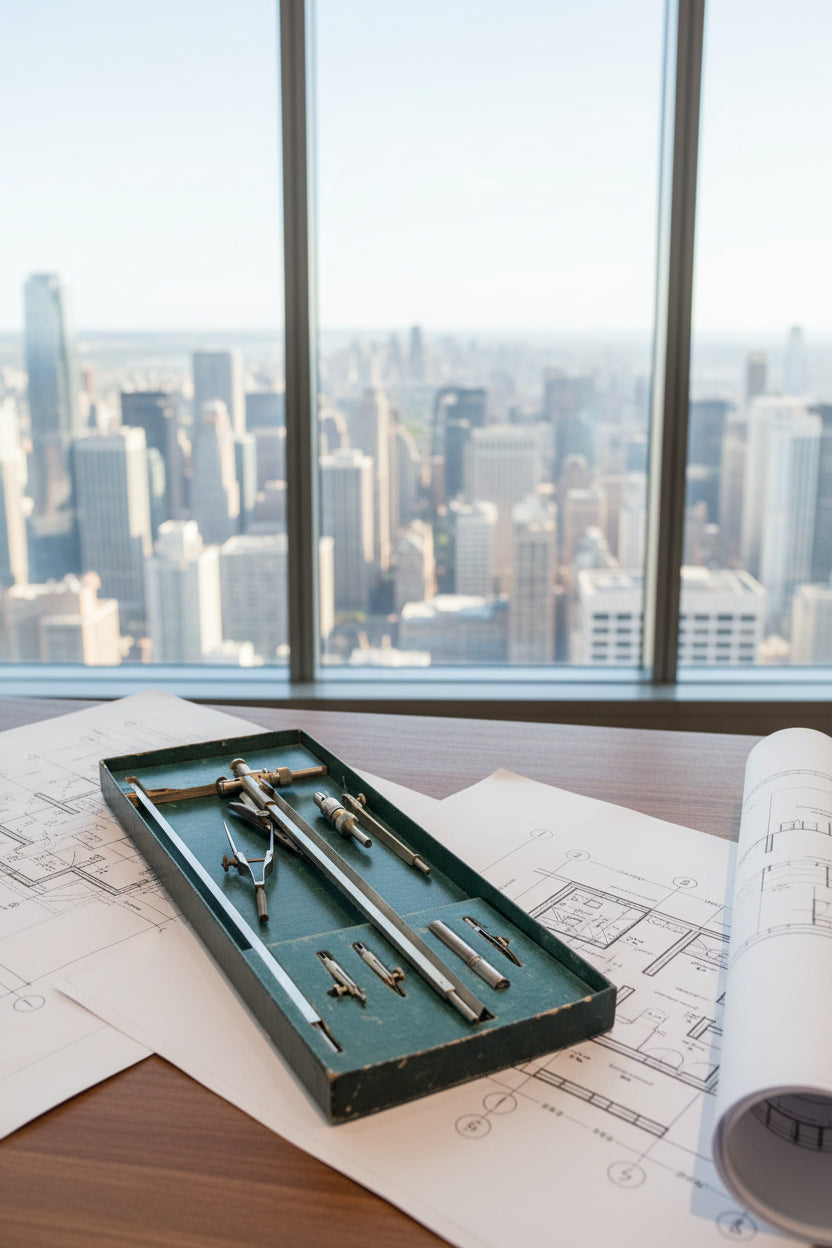 Set of drafting tools in a green box on a wooden surface