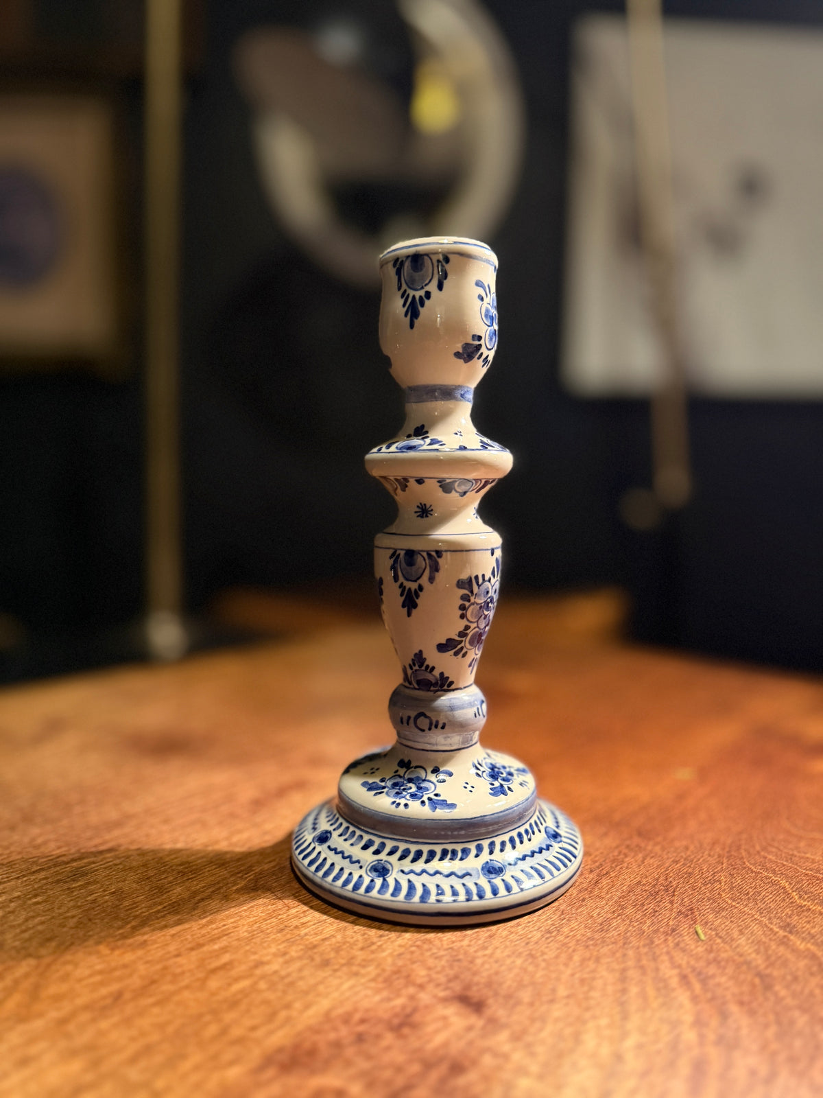 Mid-Century Hand-Painted Delft Blue Candlestick – Tin-Glazed Earthenware from Holland, “D.P. Delft” c. 1950s