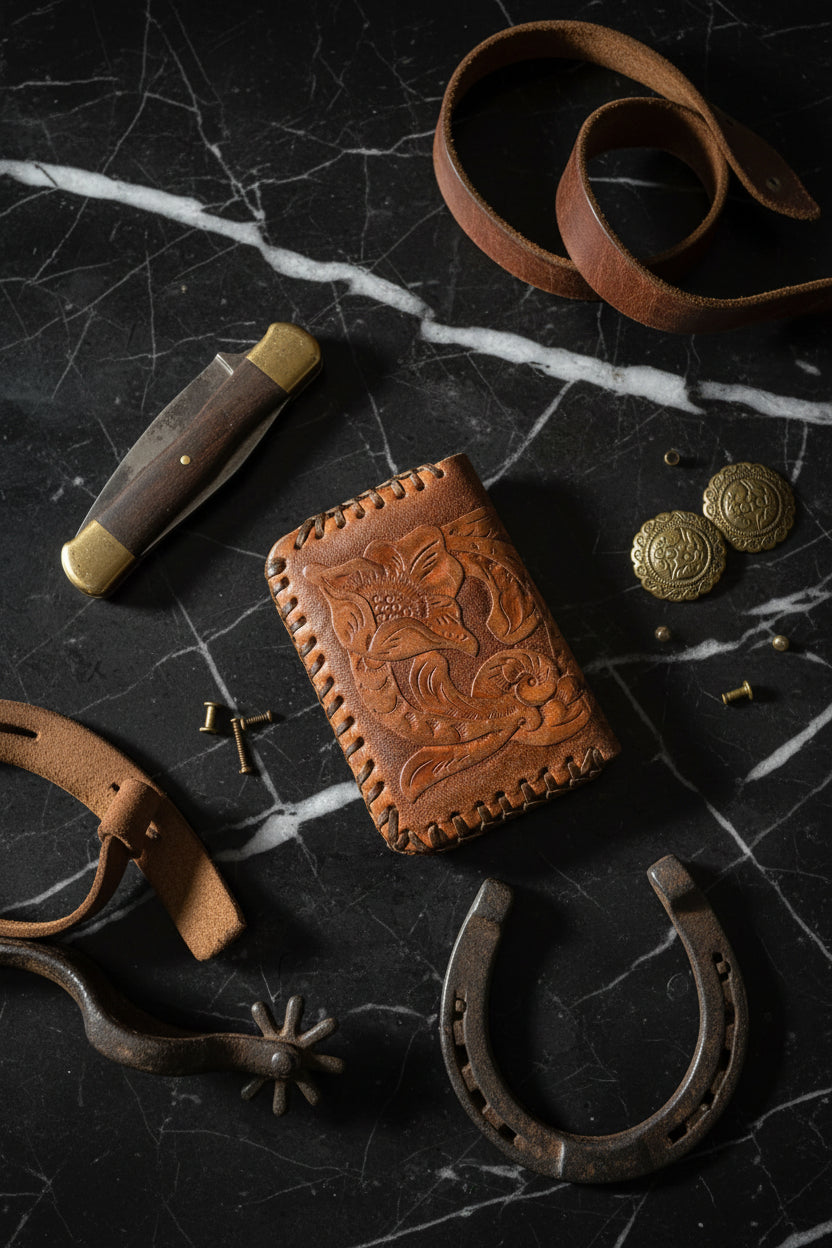 c.1970s Hand-Tooled Leather Floral Wallet with Laced Edges