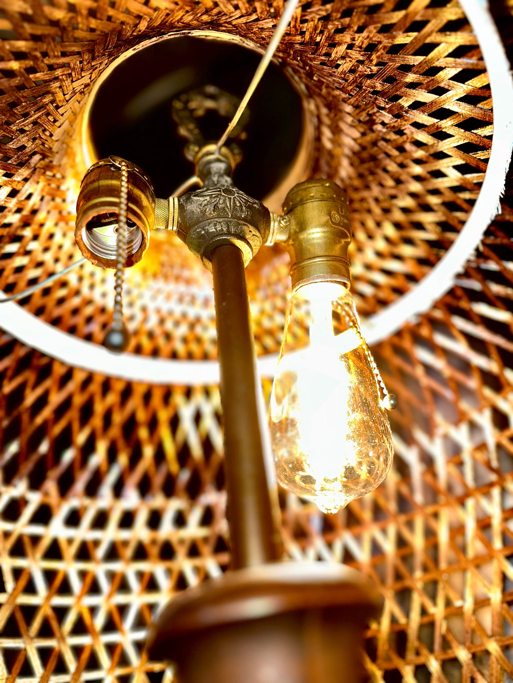 Colonial Revival Floor Lamp with Rattan Shade — c. 1920–1935, Original Leviton Sockets