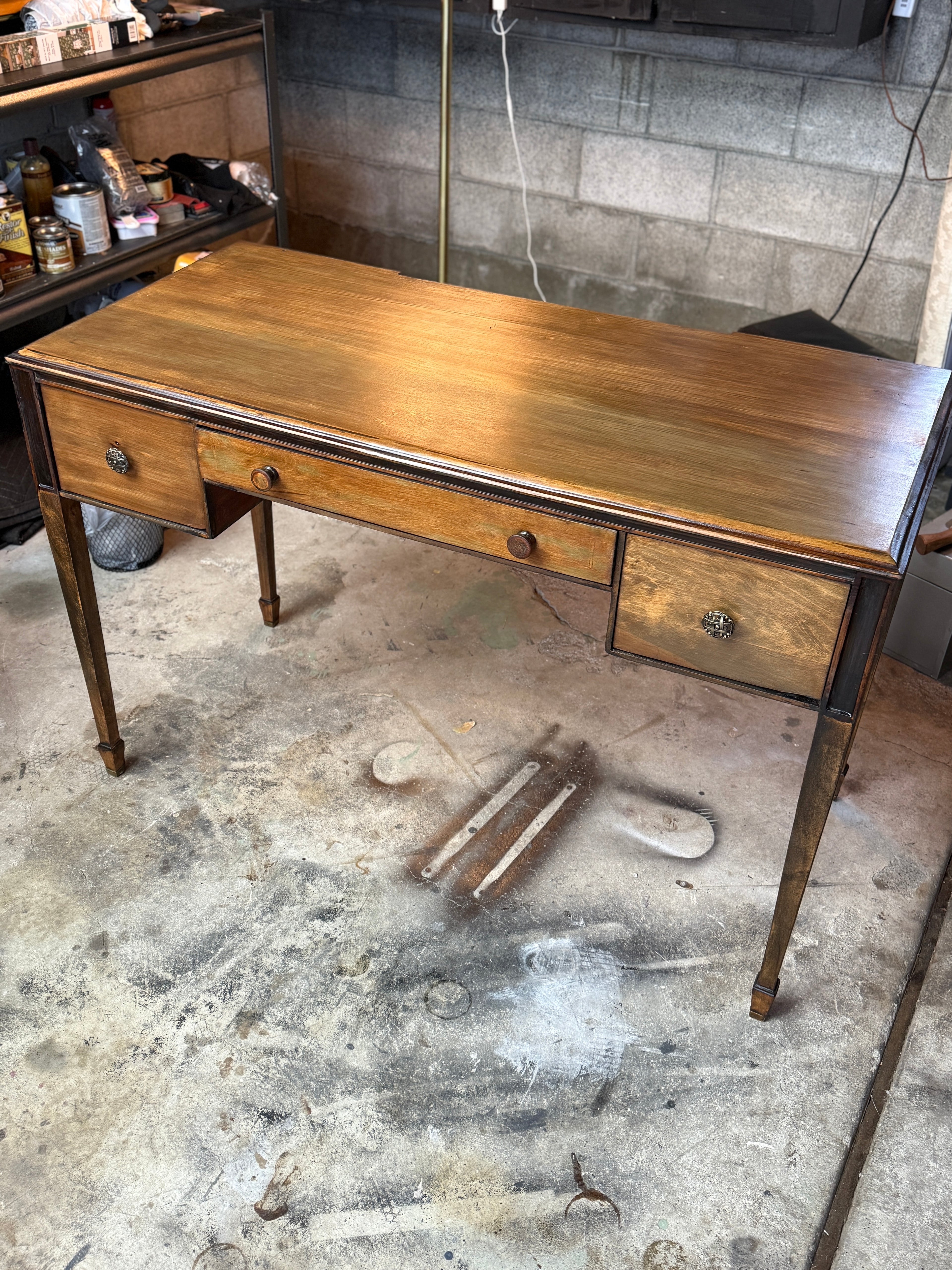 Colonial Revival Writing Desk c.1935 Restored in Sage Stain & Black Walnut | Vintage Wood Desk