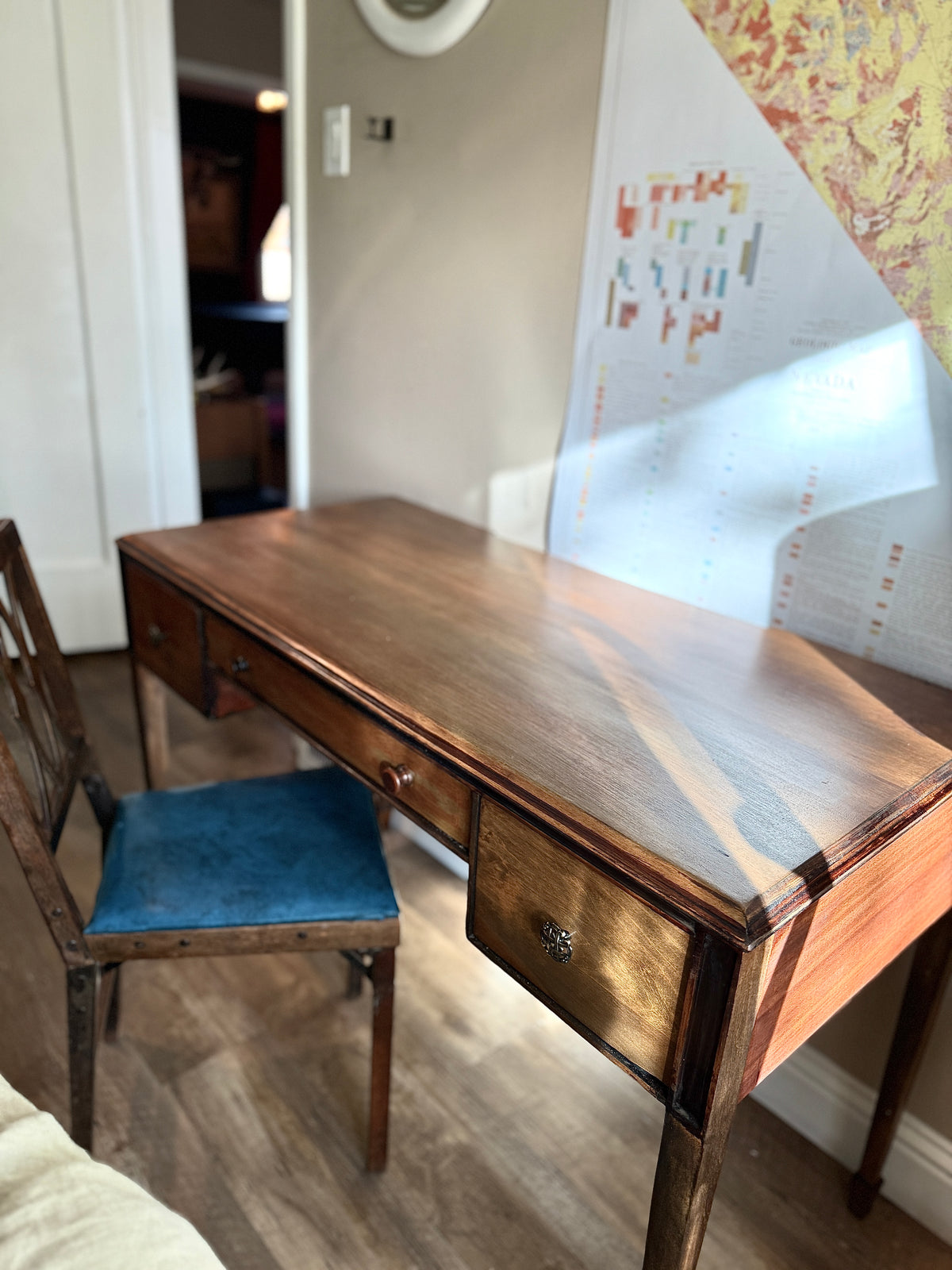 Colonial Revival Writing Desk c.1935 Restored in Sage Stain & Black Walnut | Vintage Wood Desk