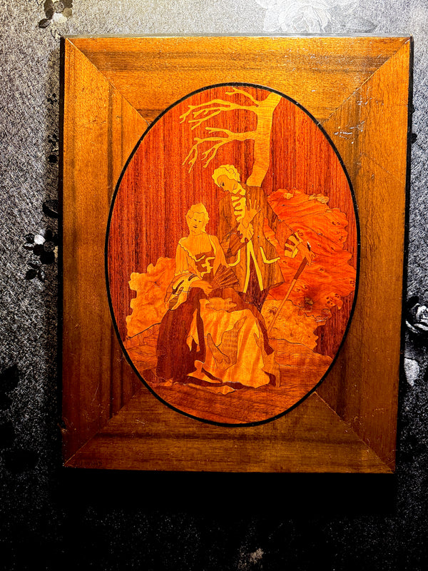 “Courting Under the Bare Tree” Marquetry Panel — Signed J. U. Hind 1938