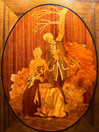 “Courting Under the Bare Tree” Marquetry Panel — Signed J. U. Hind 1938