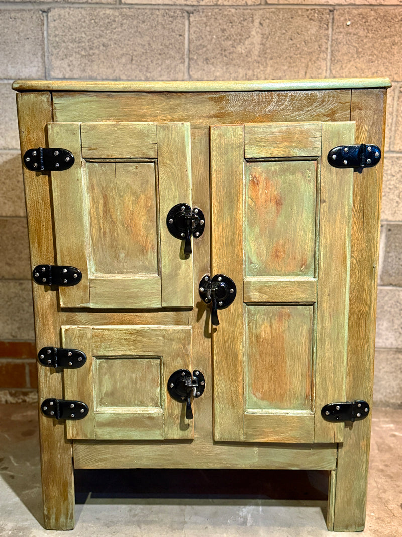 Early 1900s Cottage Ice Box Cabinet – Restored Antique Sage & Walnut Finish, Original Hardware, Galvanized Interior (c.1900–1920)