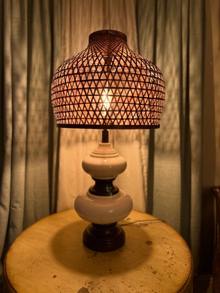Early 20th Century Crackle Glaze Ceramic Lamp Base (c.1920–1940) with Hand-Woven Bamboo Lattice Shade