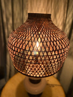 Early 20th Century Crackle Glaze Ceramic Lamp Base (c.1920–1940) with Hand-Woven Bamboo Lattice Shade