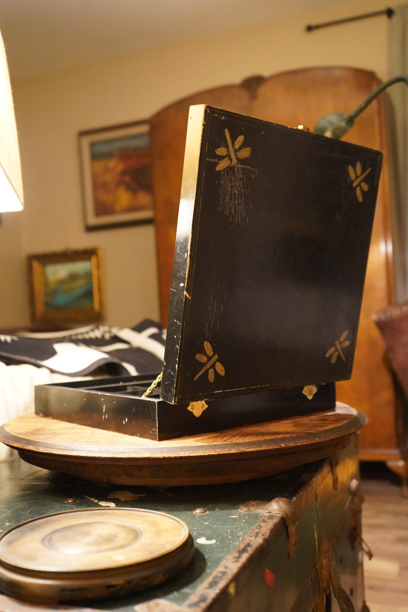 Ebonized Compartmented Collector's Box, Hand-Painted Gold Dragonflies, c. Mid-20th Century