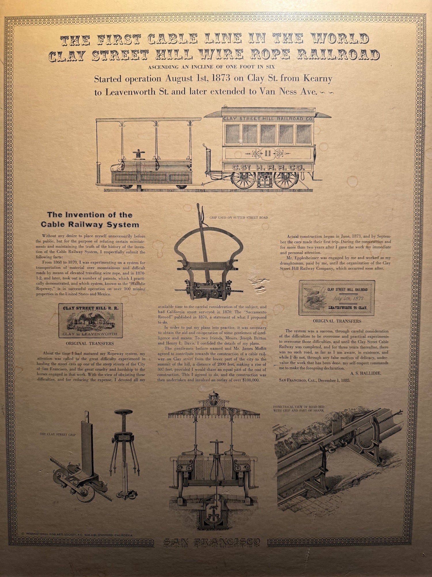 The First Cable Line in the World: Clay Street Hill Wire Rope Railroad, Printed Broadside with Engraved Illustrations, San Francisco, December 1, 1885 (facsimile imprint), Late 19th–Early 20th Century
