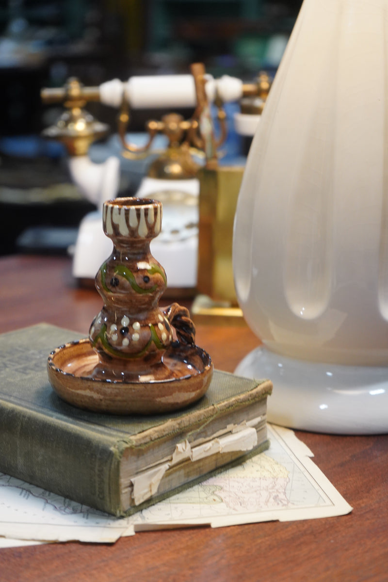 Folk Slipware Chamberstick — Treacle-Glazed Earthenware Candle Holder with Finger Handle, c. 1950s–60s