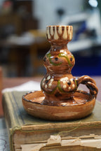 Folk Slipware Chamberstick — Treacle-Glazed Earthenware Candle Holder with Finger Handle, c. 1950s–60s