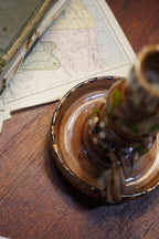 Folk Slipware Chamberstick — Treacle-Glazed Earthenware Candle Holder with Finger Handle, c. 1950s–60s